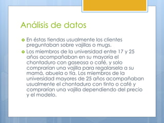 Análisis de datos
›  En éstas tiendas usualmente los clientes
preguntaban sobre vajillas o mugs.
›  Los miembros de la universidad entre 17 y 25
años acompañaban en su mayoría el
chontaduro con gaseosa o café, y solo
comprarían una vajilla para regalarsela a su
mamá, abuela o tía. Los miembros de la
universidad mayores de 25 años acompañaban
usualmente el chontaduro con tinto o café y
comprarían una vajilla dependiendo del precio
y el modelo.
 