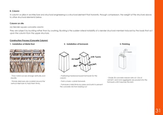 B. Column
A column or pillar in architecture and structural engineering is a structural element that transmits, through compression, the weight of the structure above
to other structural elements below.
Column on site
(a) Slender square concrete column
They are subject by buckling rather than by crushing. Buckling is the sudden lateral instability of a slender structural member induced by the loads that act
upon the column from the upper structure.
Construction Process (Concrete Column)
1. Installation of Metal Rod 2. Installation of formwork 3. Finishing
- Thick metal rod are arrange vertically and
equally
- Thinner steel bars are covered around the
vertical steel bars to hold them firmly.
- Positioning hardwood board formwork for the
column
- Form a basic cuboid formwork
- Formwork is held firmly by yokes and bolts to prevent
the concrete mix from leaking out
- Grade 30 concrete mixture ratio of 1:3:6 of
cement, sand and aggregate are poured into the
formwork until it reaches the brim
31
 