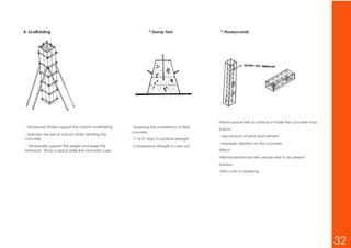 4. Scaffolding * Slump Test * Honeycomb
- Hardwood Timber support the column scaffolding
- Maintain the size of column while vibrating the
concrete
- Temporarily support the weight and keep the
formwork firmly in place while the concrete cures
- Assessing the consistency of fresh
concrete
- 7-14-21 days to achieve strength
- Compressive strength is carry out
Hollow spaces left on surface or inside the concrete mass
Due to:
- Less amount of sand and cement
- Improper vibration on the concrete
Affect:
-Reinforcement bar will corrode due to air present
Solution:
-Skim coat or plastering
32
 