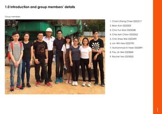 1.0 Introduction and group members’ details
Group members:
1. Cham Zheng Chee 0322317
2. Brian Koh 0322002
3. Cha Yun Xian 0322048
4. Chia Keh Chian 0322062
5. Chin Shee Wei 0322499
6. Lim Win Kee 0322790
7. Muhammad A’meer 0322891
8. Pau Jin Wei 0323840
9. Rachel Yeo 0323005
1
 