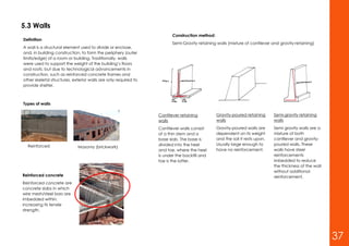 5.3 Walls
Definition
A wall is a structural element used to divide or enclose,
and, in building construction, to form the periphery (outer
limits/edge) of a room or building. Traditionally, walls
were used to support the weight of the building’s floors
and roofs, but due to technological advancements in
construction, such as reinforced concrete frames and
other skeletal structures, exterior walls are only required to
provide shelter.
Types of walls
Reinforced concrete
Reinforced concrete are
concrete slabs in which
wire mesh/steel bars are
imbedded within,
increasing its tensile
strength.
Reinforced
concrete
Masonry (brickwork)
Construction method:
Semi-Gravity retaining walls (mixture of cantilever and gravity-retaining)
Cantilever retaining
walls
Cantilever walls consist
of a thin stem and a
base slab. The base is
divided into the heel
and toe, where the heel
is under the backfill and
toe is the latter.
Gravity-poured retaining
walls
Gravity-poured walls are
dependent on its weight
and the soil it rests upon.
Usually large enough to
have no reinforcement.
Semi-gravity retaining
walls
Semi gravity walls are a
mixture of both
cantilever and gravity-
poured walls. These
walls have steel
reinforcements
imbedded to reduce
the thickness of the wall
without additional
reinforcement.
37
 