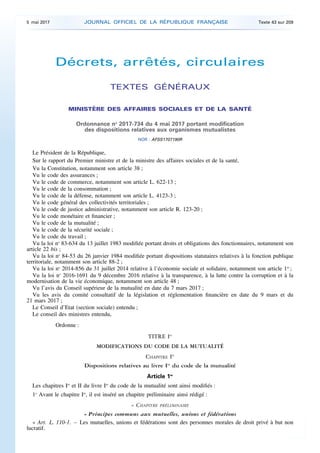 Décrets, arrêtés, circulaires
TEXTES GÉNÉRAUX
MINISTÈRE DES AFFAIRES SOCIALES ET DE LA SANTÉ
Ordonnance no
2017-734 du 4 m...