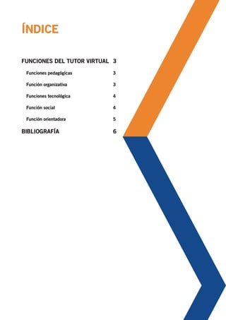 ÍNDICE
FUNCIONES DEL TUTOR VIRTUAL
BIBLIOGRAFÍA
3
6
Funciones pedagógicas
Función organizativa
Funciones tecnológica
Función social
Función orientadora
3
3
4
4
5
 