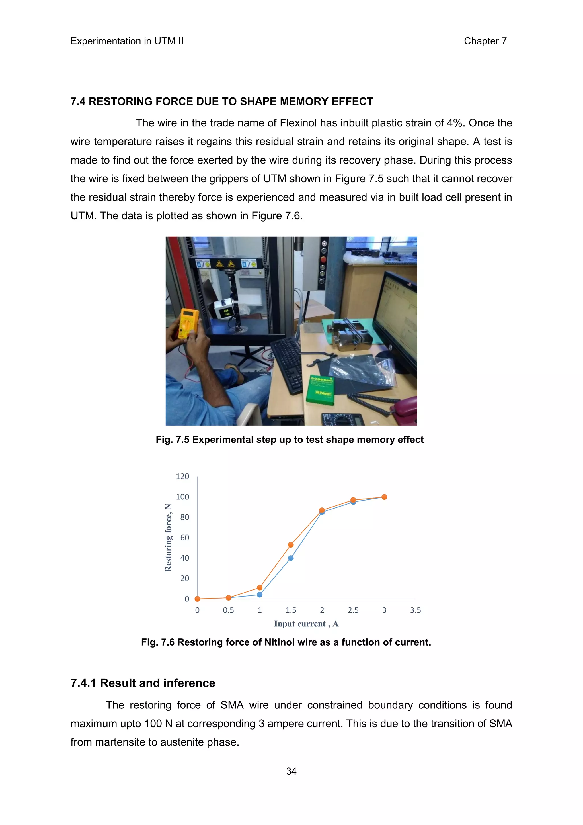 Experimentation in UTM ΙΙ Chapter 7
34
7.4 RESTORING FORCE DUE TO SHAPE MEMORY EFFECT
The wire in the trade name of Flexinol has inbuilt plastic strain of 4%. Once the
wire temperature raises it regains this residual strain and retains its original shape. A test is
made to find out the force exerted by the wire during its recovery phase. During this process
the wire is fixed between the grippers of UTM shown in Figure 7.5 such that it cannot recover
the residual strain thereby force is experienced and measured via in built load cell present in
UTM. The data is plotted as shown in Figure 7.6.
7.4.1 Result and inference
The restoring force of SMA wire under constrained boundary conditions is found
maximum upto 100 N at corresponding 3 ampere current. This is due to the transition of SMA
from martensite to austenite phase.
0
20
40
60
80
100
120
0 0.5 1 1.5 2 2.5 3 3.5
Restoringforce,N
Input current , A
Fig. 7.5 Experimental step up to test shape memory effect
Fig. 7.6 Restoring force of Nitinol wire as a function of current.
 