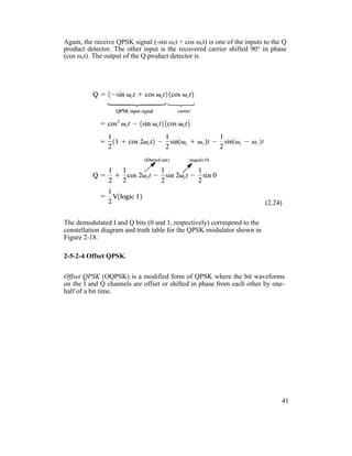 Again, the receive QPSK signal (-sin ωct + cos ωct) is one of the inputs to the Q
product detector. The other input is the recovered carrier shifted 90° in phase
(cos ωct). The output of the Q product detector is
(2.24)
The demodulated I and Q bits (0 and 1, respectively) correspond to the
constellation diagram and truth table for the QPSK modulator shown in
Figure 2-18.
2-5-2-4 Offset QPSK.
Offset QPSK (OQPSK) is a modified form of QPSK where the bit waveforms
on the I and Q channels are offset or shifted in phase from each other by one-
half of a bit time.
41
 