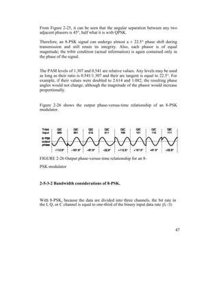 From Figure 2-25, it can be seen that the angular separation between any two
adjacent phasors is 45°, half what it is with QPSK.
Therefore, an 8-PSK signal can undergo almost a ± 22.5° phase shift during
transmission and still retain its integrity. Also, each phasor is of equal
magnitude; the tribit condition (actual information) is again contained only in
the phase of the signal.
The PAM levels of 1.307 and 0.541 are relative values. Any levels may be used
as long as their ratio is 0.541/1.307 and their arc tangent is equal to 22.5°. For
example, if their values were doubled to 2.614 and 1.082, the resulting phase
angles would not change, although the magnitude of the phasor would increase
proportionally.
Figure 2-26 shows the output phase-versus-time relationship of an 8-PSK
modulator.
FIGURE 2-26 Output phase-versus-time relationship for an 8-
PSK modulator
2-5-3-2 Bandwidth considerations of 8-PSK.
With 8-PSK, because the data are divided into three channels, the bit rate in
the I, Q, or C channel is equal to one-third of the binary input data rate (fb /3).
47
 