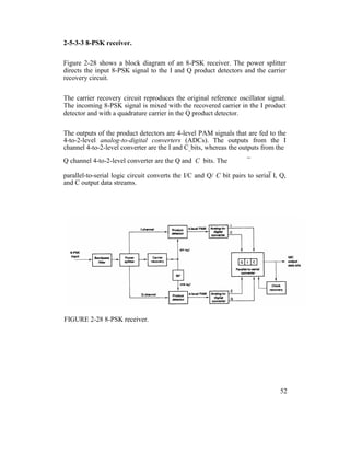 2-5-3-3 8-PSK receiver.
Figure 2-28 shows a block diagram of an 8-PSK receiver. The power splitter
directs the input 8-PSK signal to the I and Q product detectors and the carrier
recovery circuit.
The carrier recovery circuit reproduces the original reference oscillator signal.
The incoming 8-PSK signal is mixed with the recovered carrier in the I product
detector and with a quadrature carrier in the Q product detector.
The outputs of the product detectors are 4-level PAM signals that are fed to the
4-to-2-level analog-to-digital converters (ADCs). The outputs from the I
channel 4-to-2-level converter are the I and C_bits, whereas the outputs from the
_
Q channel 4-to-2-level converter are the Q and C bits. The
_
parallel-to-serial logic circuit converts the I/C and Q/ C bit pairs to serial I, Q,
and C output data streams.
FIGURE 2-28 8-PSK receiver.
52
 