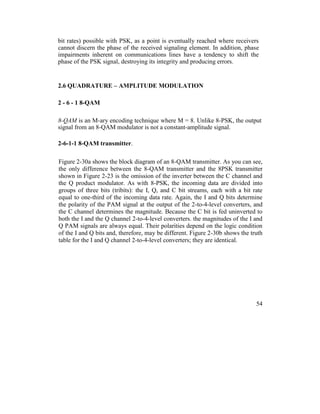 bit rates) possible with PSK, as a point is eventually reached where receivers
cannot discern the phase of the received signaling element. In addition, phase
impairments inherent on communications lines have a tendency to shift the
phase of the PSK signal, destroying its integrity and producing errors.
2.6 QUADRATURE – AMPLITUDE MODULATION
2 - 6 - 1 8-QAM
8-QAM is an M-ary encoding technique where M = 8. Unlike 8-PSK, the output
signal from an 8-QAM modulator is not a constant-amplitude signal.
2-6-1-1 8-QAM transmitter.
Figure 2-30a shows the block diagram of an 8-QAM transmitter. As you can see,
the only difference between the 8-QAM transmitter and the 8PSK transmitter
shown in Figure 2-23 is the omission of the inverter between the C channel and
the Q product modulator. As with 8-PSK, the incoming data are divided into
groups of three bits (tribits): the I, Q, and C bit streams, each with a bit rate
equal to one-third of the incoming data rate. Again, the I and Q bits determine
the polarity of the PAM signal at the output of the 2-to-4-level converters, and
the C channel determines the magnitude. Because the C bit is fed uninverted to
both the I and the Q channel 2-to-4-level converters. the magnitudes of the I and
Q PAM signals are always equal. Their polarities depend on the logic condition
of the I and Q bits and, therefore, may be different. Figure 2-30b shows the truth
table for the I and Q channel 2-to-4-level converters; they are identical.
54
 