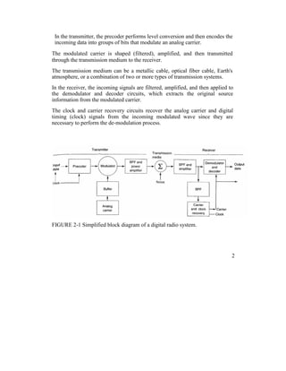 In the transmitter, the precoder performs level conversion and then encodes the
incoming data into groups of bits that modulate an analog carrier.
The modulated carrier is shaped (filtered), amplified, and then transmitted
through the transmission medium to the receiver.
The transmission medium can be a metallic cable, optical fiber cable, Earth's
atmosphere, or a combination of two or more types of transmission systems.
In the receiver, the incoming signals are filtered, amplified, and then applied to
the demodulator and decoder circuits, which extracts the original source
information from the modulated carrier.
The clock and carrier recovery circuits recover the analog carrier and digital
timing (clock) signals from the incoming modulated wave since they are
necessary to perform the de-modulation process.
FIGURE 2-1 Simplified block diagram of a digital radio system.
2
 