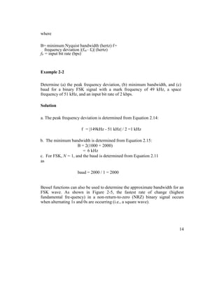 where
B= minimum Nyquist bandwidth (hertz) f=
frequency deviation |(fm– fs)| (hertz)
fb = input bit rate (bps)
Example 2-2
Determine (a) the peak frequency deviation, (b) minimum bandwidth, and (c)
baud for a binary FSK signal with a mark frequency of 49 kHz, a space
frequency of 51 kHz, and an input bit rate of 2 kbps.
Solution
a. The peak frequency deviation is determined from Equation 2.14:
f = |149kHz - 51 kHz| / 2 =1 kHz
b. The minimum bandwidth is determined from Equation 2.15:
B = 2(1000 + 2000)
= 6 kHz
c. For FSK, N = 1, and the baud is determined from Equation 2.11
as
baud = 2000 / 1 = 2000
Bessel functions can also be used to determine the approximate bandwidth for an
FSK wave. As shown in Figure 2-5, the fastest rate of change (highest
fundamental fre-quency) in a non-return-to-zero (NRZ) binary signal occurs
when alternating 1s and 0s are occurring (i.e., a square wave).
14
 