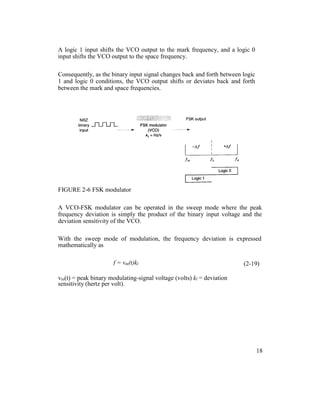 A logic 1 input shifts the VCO output to the mark frequency, and a logic 0
input shifts the VCO output to the space frequency.
Consequently, as the binary input signal changes back and forth between logic
1 and logic 0 conditions, the VCO output shifts or deviates back and forth
between the mark and space frequencies.
FIGURE 2-6 FSK modulator
A VCO-FSK modulator can be operated in the sweep mode where the peak
frequency deviation is simply the product of the binary input voltage and the
deviation sensitivity of the VCO.
With the sweep mode of modulation, the frequency deviation is expressed
mathematically as
f = vm(t)kl (2-19)
vm(t) = peak binary modulating-signal voltage (volts) kl = deviation
sensitivity (hertz per volt).
18
 