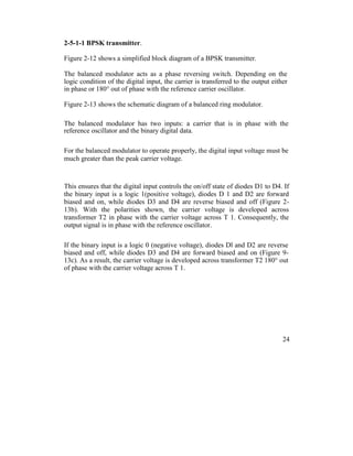 2-5-1-1 BPSK transmitter.
Figure 2-12 shows a simplified block diagram of a BPSK transmitter.
The balanced modulator acts as a phase reversing switch. Depending on the
logic condition of the digital input, the carrier is transferred to the output either
in phase or 180° out of phase with the reference carrier oscillator.
Figure 2-13 shows the schematic diagram of a balanced ring modulator.
The balanced modulator has two inputs: a carrier that is in phase with the
reference oscillator and the binary digital data.
For the balanced modulator to operate properly, the digital input voltage must be
much greater than the peak carrier voltage.
This ensures that the digital input controls the on/off state of diodes D1 to D4. If
the binary input is a logic 1(positive voltage), diodes D 1 and D2 are forward
biased and on, while diodes D3 and D4 are reverse biased and off (Figure 2-
13b). With the polarities shown, the carrier voltage is developed across
transformer T2 in phase with the carrier voltage across T 1. Consequently, the
output signal is in phase with the reference oscillator.
If the binary input is a logic 0 (negative voltage), diodes Dl and D2 are reverse
biased and off, while diodes D3 and D4 are forward biased and on (Figure 9-
13c). As a result, the carrier voltage is developed across transformer T2 180° out
of phase with the carrier voltage across T 1.
24
 