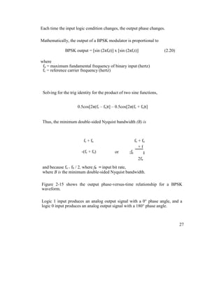 Each time the input logic condition changes, the output phase changes.
Mathematically, the output of a BPSK modulator is proportional to
BPSK output = [sin (2πfat)] x [sin (2πfct)] (2.20)
where
fa = maximum fundamental frequency of binary input (hertz)
fc = reference carrier frequency (hertz)
Solving for the trig identity for the product of two sine functions,
0.5cos[2π(fc – fa)t] – 0.5cos[2π(fc + fa)t]
Thus, the minimum double-sided Nyquist bandwidth (B) is
fc + fa fc + fa
-(fc + fa) or -fc
+ f
a
2fa
and because fa = fb / 2, where fb = input bit rate,
where B is the minimum double-sided Nyquist bandwidth.
Figure 2-15 shows the output phase-versus-time relationship for a BPSK
waveform.
Logic 1 input produces an analog output signal with a 0° phase angle, and a
logic 0 input produces an analog output signal with a 180° phase angle.
27
 