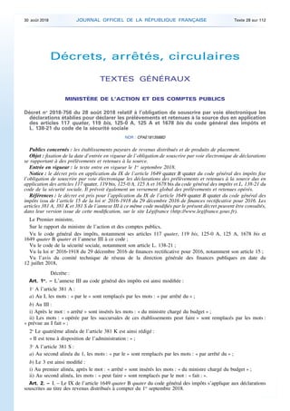 Décrets, arrêtés, circulaires
TEXTES GÉNÉRAUX
MINISTÈRE DE L’ACTION ET DES COMPTES PUBLICS
Décret no
2018-756 du 28 août 2...
