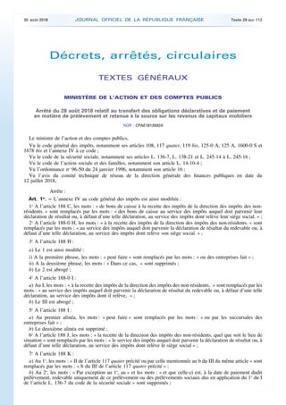 Décrets, arrêtés, circulaires
TEXTES GÉNÉRAUX
MINISTÈRE DE L’ACTION ET DES COMPTES PUBLICS
Arrêté du 28 août 2018 relatif ...