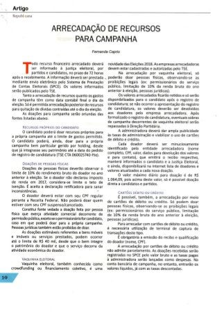 Artigo "Arrecadação de recursos para campanha" (Fernanda Caprio), Revista Republicana, ano 8, n.45, setembro/2018, ISSN 2526-8929