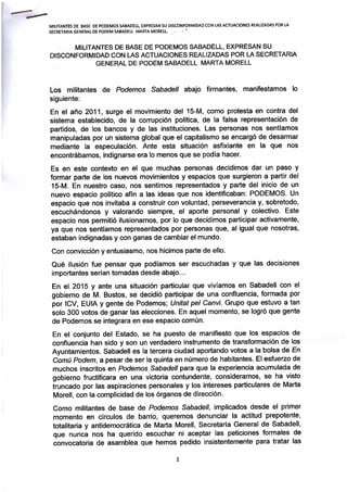 Manifest contra la SG de Podem Sabadell, Marta Morell