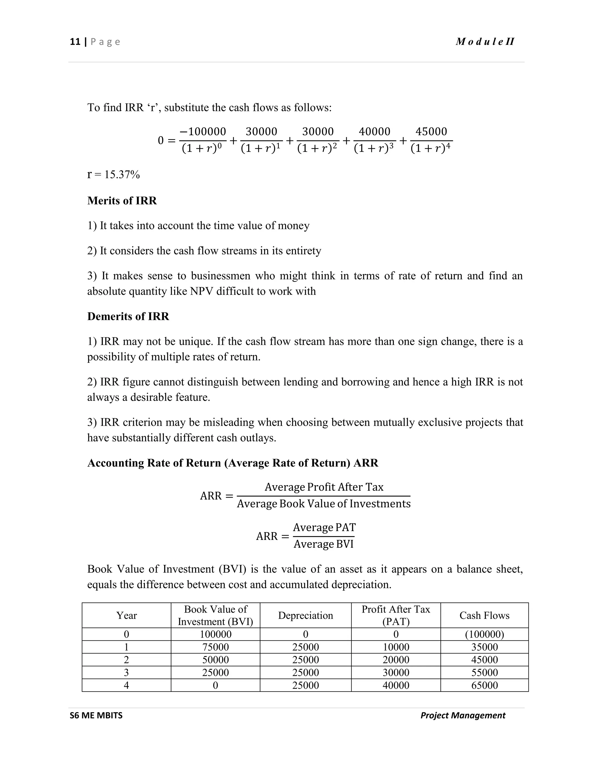 11 | P a g e M o d u l e II
S6 ME MBITS Project Management
To find IRR ‘r’, substitute the cash flows as follows:
0 =
−100000
1 + 𝑟 0
+
30000
1 + 𝑟 1
+
30000
1 + 𝑟 2
+
40000
1 + 𝑟 3
+
45000
1 + 𝑟 4
r = 15.37%
Merits of IRR
1) It takes into account the time value of money
2) It considers the cash flow streams in its entirety
3) It makes sense to businessmen who might think in terms of rate of return and find an
absolute quantity like NPV difficult to work with
Demerits of IRR
1) IRR may not be unique. If the cash flow stream has more than one sign change, there is a
possibility of multiple rates of return.
2) IRR figure cannot distinguish between lending and borrowing and hence a high IRR is not
always a desirable feature.
3) IRR criterion may be misleading when choosing between mutually exclusive projects that
have substantially different cash outlays.
Accounting Rate of Return (Average Rate of Return) ARR
ARR =
Average Profit After Tax
Average Book Value of Investments
ARR =
Average PAT
Average BVI
Book Value of Investment (BVI) is the value of an asset as it appears on a balance sheet,
equals the difference between cost and accumulated depreciation.
Year
Book Value of
Investment (BVI)
Depreciation
Profit After Tax
(PAT)
Cash Flows
0 100000 0 0 (100000)
1 75000 25000 10000 35000
2 50000 25000 20000 45000
3 25000 25000 30000 55000
4 0 25000 40000 65000
 