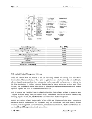 9 | P a g e M o d u l e V
S6 ME MBITS Project Management
Element/Component Cost (INR)
MS Project2010 Software 40000
Server computer with MySQL database 85000
2 PC’s 50000
LAN/Ethernet/Network cables 5000
Internet 1500
Telephones 3000
Printers 12500
Miscellaneous costs 3000
Total Cost of the PMIS 200000
Web enabled Project Management Software
These are software that are enabled to run on web using internet and mainly uses cloud based
functionalities. The main offering of these types of applications are collaborations. By web enabling the
software it can be used anywhere where a connection can be made and it can be accessed by whoever has
the right permissions. A projects complete database can be shared among the project team. Time,
efficiency and collaboration are the main reasons to use this type of project management system. Another
important aspect is that it can be used with hand held devices.
Both ‘Primavera’ and ‘Meridian’ have developed and enabled their software products to run on the web.
‘Talygen’ is another widely used Web enabled Project Management software that includes time tracking,
invoicing, expense tracker, HR, CRM and other tools to automate the business process.
Another web enabled software ‘Project Drive’ offers reliable and fully customizable project management
platform to manage, communicate and collaborate using the features like Time sheet module, resource
allocation, user management, user customization, implementation options etc. The basic architecture of a
web based Project Management system is given below:
 