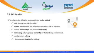 2.1 ECI Benefits
CCAP Module Early Contractor Involvement Contract Administration Module 1010 R1 2020- by Dr.Moustafa Ismail
ii. To enhance the following processes in the entire project
 Risk sharing and risk allocation
 Claims management and mitigation and reduce risk of litigation
 Parties relationships and business continuity
 Partnering culture/project ownership in the tendering environment.
 Joint problem solving
 Compressed duration for bidding
 