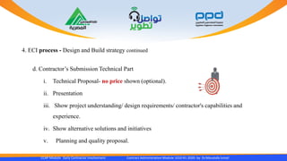 4. ECI process - Design and Build strategy continued
d. Contractor’s Submission Technical Part
i. Technical Proposal- no price shown (optional).
ii. Presentation
iii. Show project understanding/ design requirements/ contractor's capabilities and
experience.
iv. Show alternative solutions and initiatives
v. Planning and quality proposal.
CCAP Module Early Contractor Involvement Contract Administration Module 1010 R1 2020- by Dr.Moustafa Ismail
 