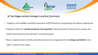  Two Stages contract strategy in practice (Summary)
• Employer invites (4-6) of qualified contractors for RFP based on concept design & employer requirement
• Employer selects the suitable proposals and negotiates with the potential contractors for a design and
build contract based on the contractor's screened proposal.
• Hence, employer enters with the selected contractor into an agreement for the design and build (or else
other) contract in two stages:
CCAP Module Early Contractor Involvement Contract Administration Module 1010 R1 2020- by Dr.Moustafa Ismail
 