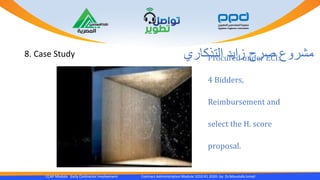 CCAP Module Early Contractor Involvement Contract Administration Module 1010 R1 2020- by Dr.Moustafa Ismail
8. Case Study ‫التذكاري‬ ‫زايد‬ ‫صرح‬ ‫مشروع‬Procured under ECI:
4 Bidders,
Reimbursement and
select the H. score
proposal.
 