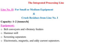 The Integrated Processing Line
Line No. II: For Small or Medium Equipment
&
Crush Residues from Line No. I
Capacity: 1–2 [tonnes/h]
Equipment:
o Belt conveyors and vibratory feeders
o Hammer mill
o Screening separators
o Electrostatic, magnetic, and eddy current separators.
 
