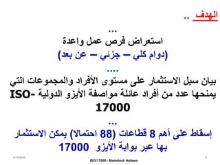8/15/2020
ISO/17000 - Mamdouh Halawa
6
‫الهدف‬..
...
‫واعدة‬ ‫عمل‬ ‫فرص‬ ‫استعراض‬
(‫كلي‬ ‫دوام‬–‫جزئي‬–‫بعد‬ ‫عن‬)
....
‫ا‬ ‫والمجموعات‬ ‫األفراد‬ ‫مستوى‬ ‫على‬ ‫االستثمار‬ ‫سبل‬ ‫بيان‬‫لتي‬
‫الدولية‬ ‫األيزو‬ ‫مواصفة‬ ‫عائلة‬ ‫أفراد‬ ‫من‬ ‫عدد‬ ‫يمنحها‬ISO-
17000
...
‫أهم‬ ‫على‬ ‫إسقاط‬8‫قطاعات‬(88‫احتماال‬)‫االستثمار‬ ‫يمكن‬
‫األيزو‬ ‫بوابة‬ ‫عبر‬ ‫بها‬17000
 