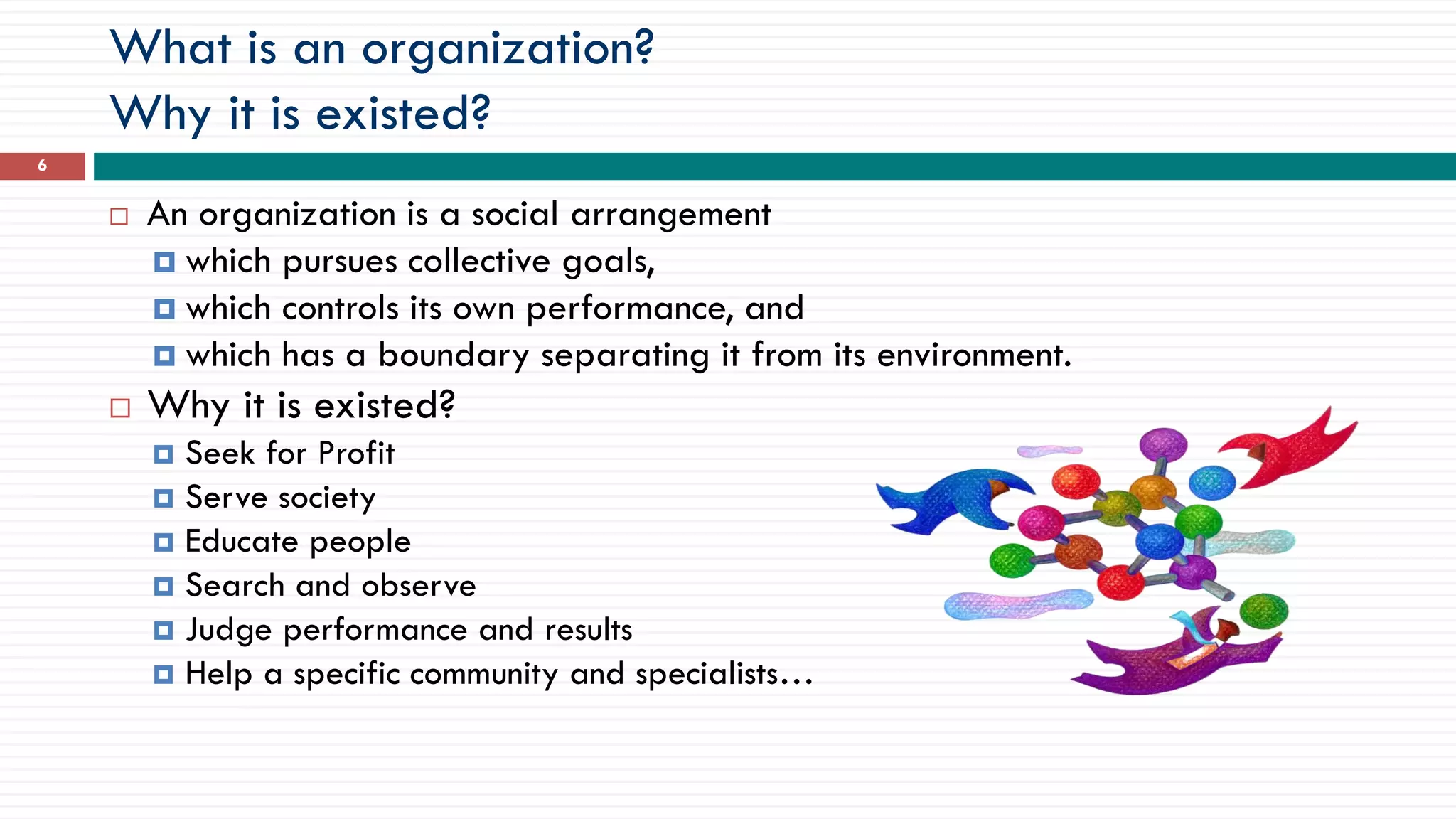 What is an organization?
Why it is existed?
6
 An organization is a social arrangement
 which pursues collective goals,
 which controls its own performance, and
 which has a boundary separating it from its environment.
 Why it is existed?
 Seek for Profit
 Serve society
 Educate people
 Search and observe
 Judge performance and results
 Help a specific community and specialists…
 