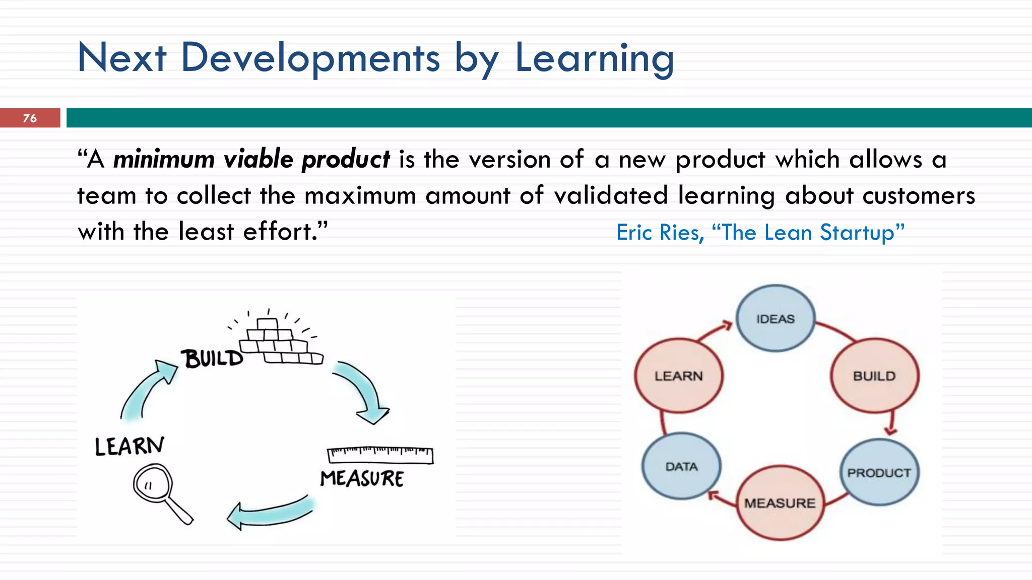 Next Developments by Learning
“A minimum viable product is the version of a new product which allows a
team to collect the maximum amount of validated learning about customers
with the least effort.” Eric Ries, “The Lean Startup”
76
 
