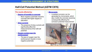 CONDITION ASSESSMENT OF STRUCTURES
113www.superarc.net
Half-Cell Potential Method (ASTM C876)
The results affected by: • Microcracks
– Localized corrosion can be
generated by microcracks, which
also modify the concrete resistivity,
consequently affecting the
corrosion potential measurement
• Degree of humidity in concrete
– More negative potentials result for
concrete with higher degree of
saturation.
• Stray currents
– The presence of stray currents will
significantly affect the
measurements of the half-cell
potential.
• Oxygen content near the
reinforcement
– The lack of oxygen near the
reinforcement results in more
negative potentials
 