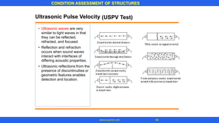 CONDITION ASSESSMENT OF STRUCTURES
82www.superarc.net
Ultrasonic Pulse Velocity
• Ultrasonic waves are very
similar to light waves in that
they can be reflected,
refracted, and focused.
Reflection and refraction
occurs when sound waves
interact with interfaces of
differing acoustic properties.
Ultrasonic reflections from the
presence of discontinuities or
geometric features enables
detection and location.
•
•
(USPV Test)
 