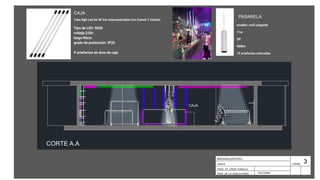 MATERIALIZACIÓN I
esquicio
PROF. TIT. JORGE GONELLA
PROF. JIP. LIC.GISELA FUNES
LÁMINA
PELEGRINA
3
Tubo Rgb Led De 90 Cm Interconectable Con Fuente Y Control
Tipo de LED: 5050
voltaje:220v
largo:90cm
grado de protección: IP20
9 artefactos en área de caja
CAJA
CAJA
modelo: croll colgante
11w
30°
988lm
12 artefactos colocados
PASARELA
CORTE A.A
 