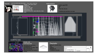 MATERIALIZACIÓN I
esquicio
PROF. TIT. JORGE GONELLA
PROF. JIP. LIC.GISELA FUNES
LÁMINA
PELEGRINA
4
DEPÓSITO
LED FLEX NEÓN 360 REDONDO – 17mm, 20mm y 26mm de
Diámetro Diámetro: 17mm, 20mm o 25mm
Leds/M: 120
Consumo: 9w/m
Voltaje: 12v -24v -220v
Ángulo de Luz: 360ª
Material Exterior: PVC
Distancia de corte: 6cm – cada 4 LEDs (12v) / 100cm
(220v)
TECHO
PANEL DE
EXPOSICIÓN
estructura con secciones
rectangulares de
policarbonato con tubos Tubo
Rgb Led De 90 Cm
Interconectable Con Fuente Y
Control
PERCHEROS
Depósito
MODELO: CUADRO IDEA
16 w
1240 lm
200x200x 63
1 artefacto colocado
modelo: gogo IDEA
18w
33°
110x110x 132 mm
1 artefacto por perchero 4 en total
CORTE B.B
 