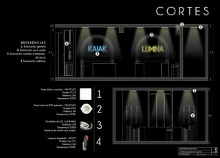 MATERIALIZACIÓN II
TP FINAL: Iluminación local comercial
Prof. titular Arq. Jorge Gonella
Prof. JTP Lic. Gisela Funes
5
Lámina
Alumna: 09/11/21
Micaela Peralta
Panel móvil Led SMD. embutido - MACROLED
Modelo: RTB3
Potencia: 3W
Temperatura: 6.000k
Tira flexible de LED - ILUMINABLE
Potencia: 10W
Temperatura: 5.000k
Variedad de colores: Azul, amarillo
1
2
3
Lámpara Suprematic - NOOM
Modelo: Two CS1
Potencia: 10W
Temperatura: 4.000k
4
Panel plafón cuadrado - MACROLED
Modelo: PC18
Potencia: 18W
Temperatura: 3.000k
1
2
3
3
4
1
4
C O R T E S
1. Iluminación general
2. Iluminación muro verde
3. Iluminación carteles e interiores
de arcos
4. Iluminación vidrieras
R E F E R E N C I A S
 