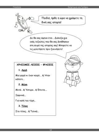 Γλώσσα Σκέφτομαι και Γράφω
12
Ν
ΧΡΗΣΙΜΕΣ ΛΕΞΕΙΣ – ΦΡΑΣΕΙΣ
1. Αρχή
Μια φορά κι έναν καιρό…. ή Ήταν
κάποτε…
2. Μέση
Μετά… ή Ύστερα… ή Έπειτα....
Ξαφνικά...
Για καλή του τύχη…
3. Τέλος
Στο τέλος… ή Τελικά...
Παιδιά, ήρθε η ώρα να ράψετε τη
δική σας ιστορία!
Δε θα σας άφηνα έτσι… Διάλεξα ια
εσάς λεξούλες που θα σας βοηθήσουν
στη σειρά της ιστορίας σας! Μπορείτε να
τις μελετήσετε πριν ξεκινήσετε!
 