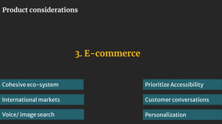 1
1
3. E-commerce
Cohesive eco-system Prioritize Accessibility
Voice/ image search Personalization
Customer conversations
...