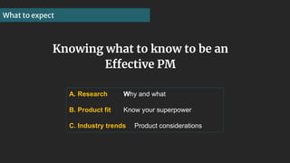 Knowing what to know to be an
Effective PM
A. Research Why and what
B. Product fit Know your superpower
C. Industry trends...