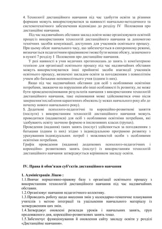 4. Технології дистанційного навчання під час здобуття освіти за різними
формами можуть використовуватися за наявності навчально-методичного та
системотехнічного забезпечення відповідно до розділу IV Положення про
дистанційне навчання.
Під час надзвичайних обставин заклад освіти може організовувати освітній
процесіз використанням технологій дистанційного навчання за допомогою
технічних засобів комунікації, доступних для учасників освітнього процесу.
При цьому обсяг навчального часу, що забезпечується в синхронному режимі,
визначається педагогічним працівником і може бути менше обсягу, зазначеного
в пункті 7 розділу І Положення про дистанційне навчання.
У разі наявності в учня медичних протипоказань до занять із комп'ютерною
технікою для організації освітнього процесу під час надзвичайних обставин
можуть використовуватися інші прийнятні засоби взаємодії учасників
освітнього процесу, визначені закладом освіти за погодженням з повнолітнім
учнем або батьками неповнолітнього учня (одним із них).
Якщо під час надзвичайних обставин для осіб з особливими освітніми
потребами, зважаючи на порушення або інші особливості їх розвитку, не може
бути проведенеоцінювання результатів навчання з використанням технологій
дистанційного навчання, таке оцінювання може здійснюватися очно після
завершення/послаблення карантинних обмежень (у межах навчального року або до
початку нового навчального року).
5. Додаткові психолого-педагогічні та корекційно-розвиткові заняття
(послуги) з використанням технологій дистанційного навчання можуть
проводитися (надаватися) для осіб з особливими освітніми потребами, які
здобувають освіту заочною формою в інклюзивних класах (групах).
Проведення (надання) таких занять (послуг) здійснюється за погодженням з
батьками (одним із них) згідно з індивідуальною програмою розвитку з
урахуванням індивідуальних потреб і можливостей особи з особливими
освітніми потребами.
Графік проведення (надання) додаткових психолого-педагогічних і
корекційно- розвиткових занять (послуг) із використанням технологій
дистанційного навчання затверджується керівником закладу освіти.
ІV. Права й обов’язки суб’єктів дистанційного навчання
1. Адміністрація Ліцею :
1.1.Вивчає нормативно-правову базу з організації освітнього процесу з
використанням технологій дистанційного навчання під час надзвичайних
обставин.
1.2.Організовує навчання педагогічного колективу.
1.3.Проводить роботу щодо внесення змін у календарно-тематичне планування
учителів з метою інтеграції та ущільнення навчального матеріалу із
затвердженням цих змін.
1.4.Затверджує оновлені розклади уроків і навчальних занять, груп
продовженого дня, корекційно-розвиткових занять тощо.
1.5.Забезпечує функціонування й оновлення сайту закладу освіти у розділі
«Дистанційне навчання».
 