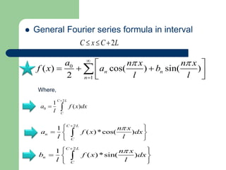  General Fourier series formula in interval
2
C x C L
  
2
1
( )*sin( )
C L
n
C
n x
b f x dx
l l


 
  
 

2
1
( )*cos( )
C L
n
C
n x
a f x dx
l l


 
  
 

2
0
1
( )
C L
C
a f x dx
l

 
0
1
( ) cos( ) sin( )
2
n n
n
a n x n x
f x a b
l l
 


 
  
 
 

Where,
 