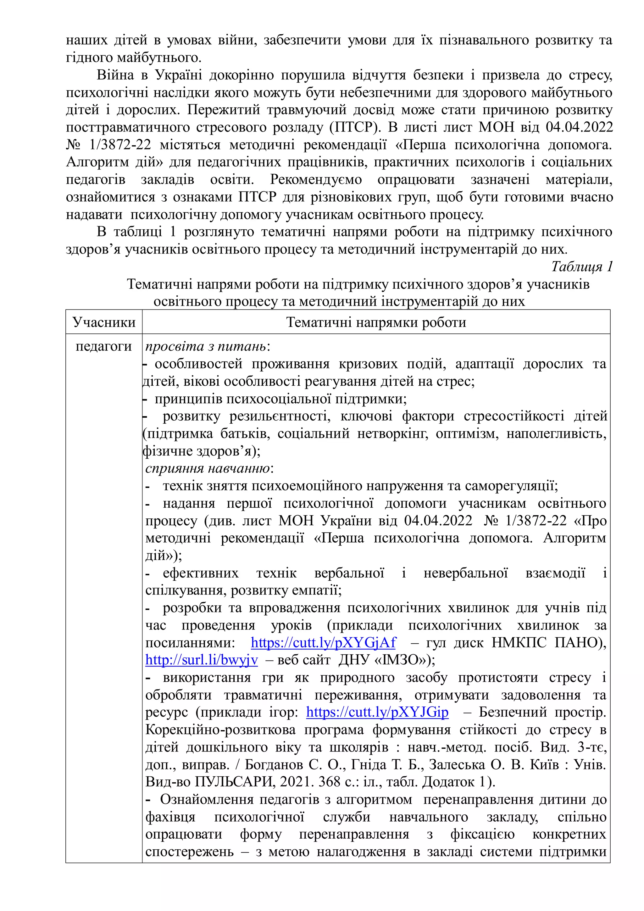 наших дітей в умовах війни, забезпечити умови для їх пізнавального розвитку та
гідного майбутнього.
Війна в Україні докорінно порушила відчуття безпеки і призвела до стресу,
психологічні наслідки якого можуть бути небезпечними для здорового майбутнього
дітей і дорослих. Пережитий травмуючий досвід може стати причиною розвитку
посттравматичного стресового розладу (ПТСР). В листі лист МОН від 04.04.2022
№ 1/3872-22 містяться методичні рекомендації «Перша психологічна допомога.
Алгоритм дій» для педагогічних працівників, практичних психологів і соціальних
педагогів закладів освіти. Рекомендуємо опрацювати зазначені матеріали,
ознайомитися з ознаками ПТСР для різновікових груп, щоб бути готовими вчасно
надавати психологічну допомогу учасникам освітнього процесу.
В таблиці 1 розглянуто тематичні напрями роботи на підтримку психічного
здоров’я учасників освітнього процесу та методичний інструментарій до них.
Таблиця 1
Тематичні напрями роботи на підтримку психічного здоров’я учасників
освітнього процесу та методичний інструментарій до них
Учасники Тематичні напрямки роботи
педагоги просвіта з питань:
- особливостей проживання кризових подій, адаптації дорослих та
дітей, вікові особливості реагування дітей на стрес;
- принципів психосоціальної підтримки;
- розвитку резильєнтності, ключові фактори стресостійкості дітей
(підтримка батьків, соціальний нетворкінг, оптимізм, наполегливість,
фізичне здоровʼя);
сприяння навчанню:
- технік зняття психоемоційного напруження та саморегуляції;
- надання першої психологічної допомоги учасникам освітнього
процесу (див. лист МОН України від 04.04.2022 № 1/3872-22 «Про
методичні рекомендації «Перша психологічна допомога. Алгоритм
дій»);
- ефективних технік вербальної і невербальної взаємодії і
спілкування, розвитку емпатії;
- розробки та впровадження психологічних хвилинок для учнів під
час проведення уроків (приклади психологічних хвилинок за
посиланнями: https://cutt.ly/pXYGjAf – гул диск НМКПС ПАНО),
http://surl.li/bwyjv – веб сайт ДНУ «ІМЗО»);
- використання гри як природного засобу протистояти стресу і
обробляти травматичні переживання, отримувати задоволення та
ресурс (приклади ігор: https://cutt.ly/pXYJGip – Безпечний простір.
Корекційно-розвиткова програма формування стійкості до стресу в
дітей дошкільного віку та школярів : навч.-метод. посіб. Вид. 3-тє,
доп., виправ. / Богданов С. О., Гніда Т. Б., Залеська О. В. Київ : Унів.
Вид-во ПУЛЬСАРИ, 2021. 368 с.: іл., табл. Додаток 1).
- Ознайомлення педагогів з алгоритмом перенаправлення дитини до
фахівця психологічної служби навчального закладу, спільно
опрацювати форму перенаправлення з фіксацією конкретних
спостережень – з метою налагодження в закладі системи підтримки
 