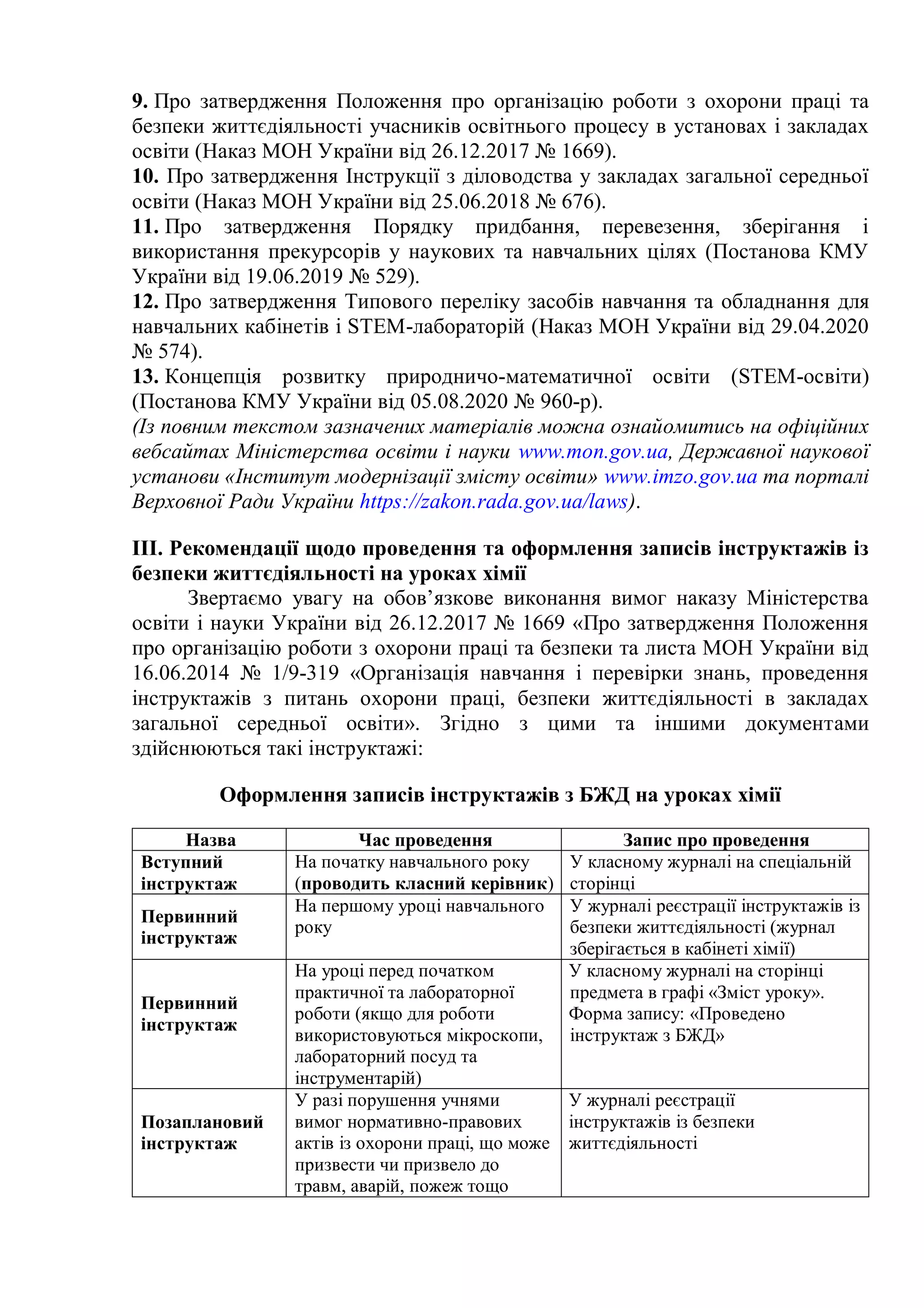 9. Про затвердження Положення про організацію роботи з охорони праці та
безпеки життєдіяльності учасників освітнього процесу в установах і закладах
освіти (Наказ МОН України від 26.12.2017 № 1669).
10. Про затвердження Інструкції з діловодства у закладах загальної середньої
освіти (Наказ МОН України від 25.06.2018 № 676).
11. Про затвердження Порядку придбання, перевезення, зберігання і
використання прекурсорів у наукових та навчальних цілях (Постанова КМУ
України від 19.06.2019 № 529).
12. Про затвердження Типового переліку засобів навчання та обладнання для
навчальних кабінетів і STEM-лабораторій (Наказ МОН України від 29.04.2020
№ 574).
13. Концепція розвитку природничо-математичної освіти (STEM-освіти)
(Постанова КМУ України від 05.08.2020 № 960-р).
(Із повним текстом зазначених матеріалів можна ознайомитись на офіційних
вебсайтах Міністерства освіти і науки www.mon.gov.ua, Державної наукової
установи «Інститут модернізації змісту освіти» www.imzo.gov.ua та порталі
Верховної Ради України https://zakon.rada.gov.ua/laws).
IІІ. Рекомендації щодо проведення та оформлення записів інструктажів із
безпеки життєдіяльності на уроках хімії
Звертаємо увагу на обов’язкове виконання вимог наказу Міністерства
освіти і науки України від 26.12.2017 № 1669 «Про затвердження Положення
про організацію роботи з охорони праці та безпеки та листа МОН України від
16.06.2014 № 1/9-319 «Організація навчання і перевірки знань, проведення
інструктажів з питань охорони праці, безпеки життєдіяльності в закладах
загальної середньої освіти». Згідно з цими та іншими документами
здійснюються такі інструктажі:
Оформлення записів інструктажів з БЖД на уроках хімії
Назва Час проведення Запис про проведення
Вступний
інструктаж
На початку навчального року
(проводить класний керівник)
У класному журналі на спеціальній
сторінці
Первинний
інструктаж
На першому уроці навчального
року
У журналі реєстрації інструктажів із
безпеки життєдіяльності (журнал
зберігається в кабінеті хімії)
Первинний
інструктаж
На уроці перед початком
практичної та лабораторної
роботи (якщо для роботи
використовуються мікроскопи,
лабораторний посуд та
інструментарій)
У класному журналі на сторінці
предмета в графі «Зміст уроку».
Форма запису: «Проведено
інструктаж з БЖД»
Позаплановий
інструктаж
У разі порушення учнями
вимог нормативно-правових
актів із охорони праці, що може
призвести чи призвело до
травм, аварій, пожеж тощо
У журналі реєстрації
інструктажів із безпеки
життєдіяльності
 