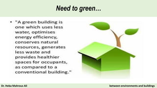 Need to green…
Dr. Heba Mahrous Ali between environments and buildings
 