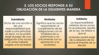 Subsidiaria:
Dicho de una acción o
de una
responsabilidad que
suple a otra principal;
es decir, no se podrá
exigir el pago de una
obligación a los socios,
sin antes haberlo
exigido a la sociedad
Ilimitada:
Significa que los socios
responderán al
cumplimiento de las
obligaciones con la
totalidad de su
patrimonio y no
únicamente con su
aportación a la
sociedad.
Solidaria:
La responsabilidad
solidaria de los socios
no se presume, resulta
de la Ley. Se refiere a
que el
acreedor podrá exigir
de cualquiera de los
socios el importe de su
deuda
5. LOS SOCIOS RESPONDE A SU
OBLIGACIÓN DE LA SIGUIENTES MANERA
 