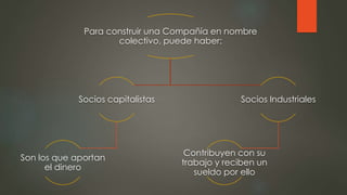 Para construir una Compañía en nombre
colectivo, puede haber:
Socios capitalistas
Son los que aportan
el dinero
Socios Industriales
Contribuyen con su
trabajo y reciben un
sueldo por ello
 