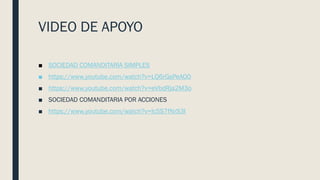 VIDEO DE APOYO
■ SOCIEDAD COMANDITARIA SIMPLES
■ https://www.youtube.com/watch?v=LQ6rGsPeAO0
■ https://www.youtube.com/watch?v=eVbdRja2M3o
■ SOCIEDAD COMANDITARIA POR ACCIONES
■ https://www.youtube.com/watch?v=lc5S7fNrS3I
 
