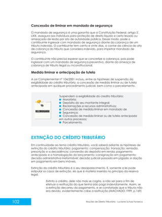 102 Noções de Direito Tributário - Luciane Schulz Fonseca
Concessão de liminar em mandado de segurança
º
O mandado de segurança é uma garantia que a Constituição Federal, artigo 5 ,
LXIX, assegura aos indivíduos para proteção de direito líquido e certo lesado ou
ameaçado de lesão por ato de autoridade pública. Desse modo, pode o
contribuinte ingressar com mandado de segurança diante da cobrança de um
tributo indevido. O contribuinte tem cento e vinte dias, a contar da ciência do ato
de cobrança do tributo que considera indevido, para impetrar mandado de
segurança.
O contribuinte não precisa esperar que se concretize a cobrança, pois pode
ingressar com um mandado de segurança preventivo, diante da ameaça de
cobrança de tributo ilegal ou inconstitucional.
Medida liminar e antecipação de tutela
A Lei Complementar nº 104/2001 incluiu, entre as hipóteses de suspensão da
exigibilidade do crédito tributário, a concessão de medida liminar ou de tutela
antecipada em qualquer procedimento judicial, bem como o parcelamento.
Suspendem a exigibilidade do credito tributário:
Moratória;
Depósito do seu montante integral;
Reclamações e recursos administrativos;
Concessão de medida liminar em mandado de
Segurança;
Concessão de medida liminar ou de tutela antecipada
em outros processos;
Parcelamento.
EXTINÇÃO DO CRÉDITO TRIBUTÁRIO
Em continuidade ao tema crédito tributário, você saberá adiante as hipóteses de
extinção do crédito tributário: pagamento; compensação; transação; remissão,
prescrição e a decadência; conversão do depósito em renda; pagamento
antecipado e a homologação do lançamento; consignação em pagamento;
decisão administrativa irreformável; decisão judicial passada em julgado; e dação
em pagamento em bens imóveis.
Extinção do crédito tributário é o seu desaparecimento. E, somente a lei pode
estipular os casos de extinção, eis que é matéria inserida no princípio da reserva
legal.
Extinto o crédito, dele não mais se cogita, a não ser para o fim de
efetuar a restituição do que tenha sido pago indevidamente. Assim, se
a extinção decorreu do pagamento, e se constatado que o tributo não
era devido, evidentemente cabe a restituição.(MACHADO,1999, p.169)
 