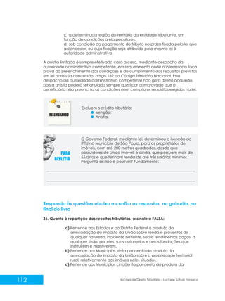 112 Noções de Direito Tributário - Luciane Schulz Fonseca
c) a determinada região do território da entidade tributante, em
função de condições a ela peculiares;
d) sob condição do pagamento de tributo no prazo fixado pela lei que
a conceder, ou cuja fixação seja atribuída pela mesma lei à
autoridade administrativa.
A anistia limitada é sempre efetivada caso a caso, mediante despacho da
autoridade administrativa competente, em requerimento onde o interessado faça
prova do preenchimento das condições e do cumprimento dos requisitos previstos
em lei para sua concessão, artigo 182 do Código Tributário Nacional. Esse
despacho da autoridade administrativa competente não gera direito adquirido,
pois a anistia poderá ser anulada sempre que ficar comprovado que o
beneficiário não preenchia as condições nem cumpriu os requisitos exigidos na lei.
Responda às questões abaixo e confira as respostas, no gabarito, no
final do livro
36. Quanto à repartição das receitas tributárias, assinale a FALSA:
a) Pertence aos Estados e ao Distrito Federal o produto da
arrecadação do imposto da União sobre renda e proventos de
qualquer natureza, incidente na fonte, sobre rendimentos pagos, a
qualquer título, por eles, suas autarquias e pelas fundações que
instituírem e mantiverem.
b) Pertence aos Municípios trinta por cento do produto da
arrecadação do imposto da União sobre a propriedade territorial
rural, relativamente aos imóveis neles situados.
c) Pertence aos Municípios cinqüenta por cento do produto da
Excluem o crédito tributário:
Isenção;
Anistia.
O Governo Federal, mediante lei, determinou a isenção do
IPTU no Município de São Paulo, para os proprietários de
imóveis, com até 200 metros quadrados, desde que
possuidores de único imóvel, e ainda, que possuam mais de
65 anos e que tenham renda de até três salários mínimos.
Pergunta-se: Isso é possível? Fundamente:
 