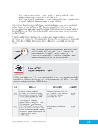 SABER M
33
Noções de Direito Tributário - Luciane Schulz Fonseca
forma das respectivas leis, para o custeio do serviço de iluminação
pública, observado o disposto no art. 150, I e III.
Parágrafo único. É facultada a cobrança da contribuição a que se refere
o caput, na fatura de consumo de energia elétrica.
Essa Emenda Constitucional foi fruto de reivindicações dos executivos municipais
após o Supremo Tribunal Federal (STF) declarar inconstitucional a taxa de
iluminação pública cobrada pelos Municípios. A Corte Superior chegou a editar a
Súmula 670 que diz “O serviço de iluminação pública não pode ser remunerado
mediante taxa”.
A classificação desse tributo como contribuição é questionada, levando em
conta que tem verdadeira natureza jurídica de imposto, uma vez que, é destinada
ao custeio de atividade de interesse geral, não sendo vinculada a um grupo
social.
Para conhecer um pouco mais acerca da contribuição
para o custeio de iluminação pública, acesse o site
www.dominiopublico.gov.br e leia o texto “A
contribuição de iluminação pública”, categoria direito,
do renomado autor Hugo de Brito Machado.
Sobre a CPMF
Tributo completou 14 anos
A CPMF teve origem em 1993, com o nome de IPMF, e ganhou o formato atual três
anos depois. Desde sua instituição até hoje, estima-se que a CPMF tenha rendido
aos cofres públicos perto de R$ 225 bilhões.
 